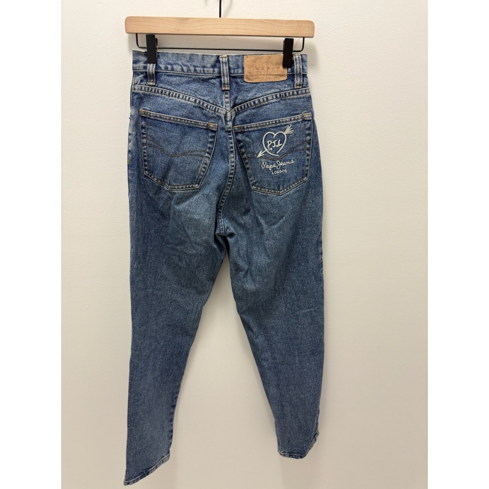 Pepe Jeans London Vintage High Waisted Embroidered Denim Medium Wash Blue Jeans